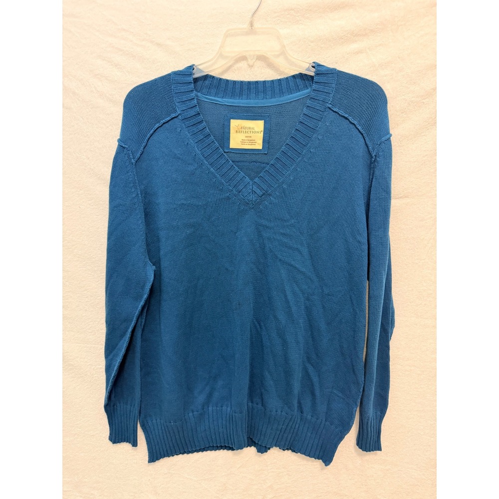 Natural Reflections Women 2X Teal Blue V-Neck Cotton Knit Sweater Long Sleeve